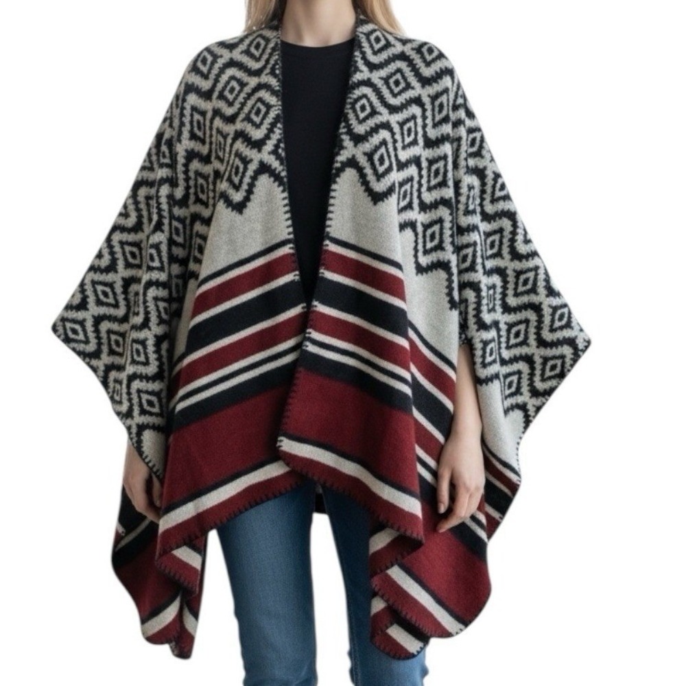 Indigo Soul Poncho Open Front Aztec Geometric Print Wrap One Size Boho Southwest